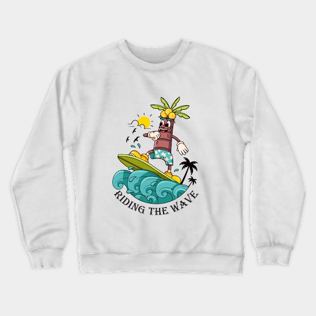 Riding the Wave, a coconut tree cartoon mascot who surfs the waves Crewneck Sweatshirt by Vyndesign